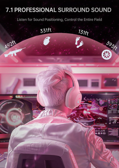 syndesmos CM7002 Gaming Headset for PS5, PS4, PC, Mac, Switch, Xbox Series, Surround Sound RGB Gaming Headphones with Noise Canceling Microphone, 50MM Dynamic Drivers, 3.5MM Audio Jack, Light Pink