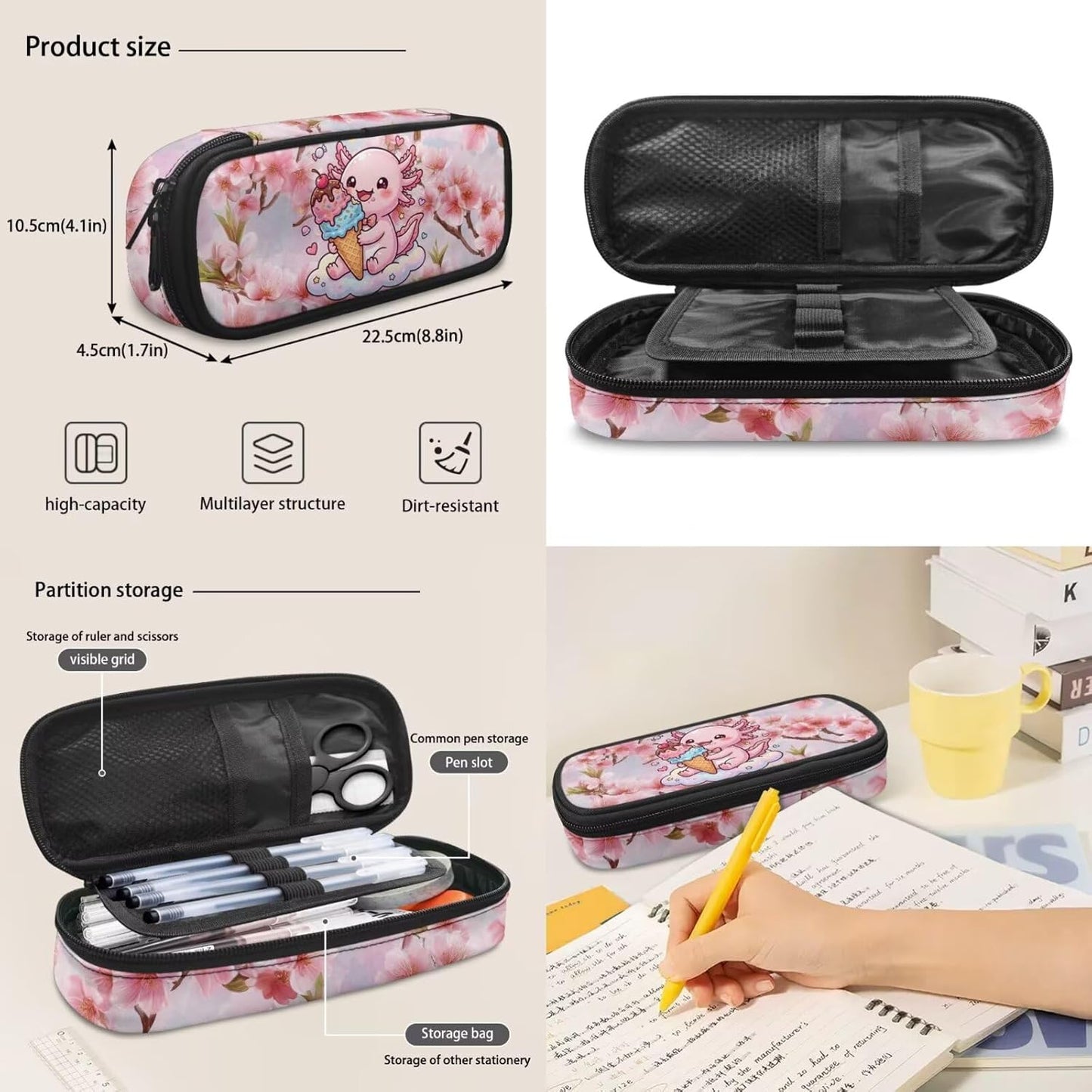 4 Pcs School Backpack Set Cherry Flower Pink Axolotl Print Elementary Student Bookbag 17 Inch Schoolbag with Lunch Box Pen Case Water Bottle Holder Bag for Outdoor