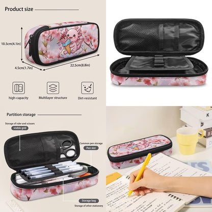 4 Pcs School Backpack Set Cherry Flower Pink Axolotl Print Elementary Student Bookbag 17 Inch Schoolbag with Lunch Box Pen Case Water Bottle Holder Bag for Outdoor