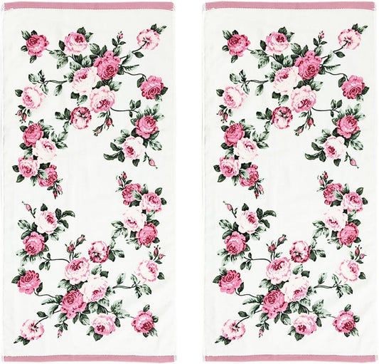 2-Piece Pink Peony Floral Pattern Hand Towels Pastoral Style Farmhouse Decorative Flower Bathroom Towels Soft Absorbent Beautiful Washcloth for Shower Kitchen Spa Beach, 13x28 Inch