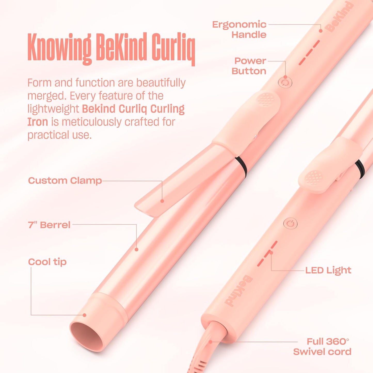 Curliq PTC Ceramic 1.25 Inch Curling Iron by BeKind, Extra Long Barrel 1 1/4 Inch Curling Wand for Long Hair Up to 430F°, Dual Voltage Hair Curler for Women, Hair Styling Tools