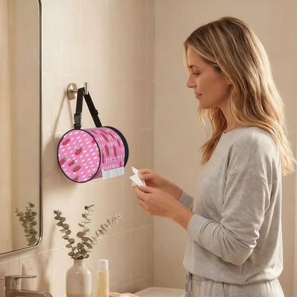 Oxford Cylinder Tissue Holder, Round Tissue Container Pink Strawberry Dots - 6.3''X6.3'' Portable Toilet Paper Roll Cover Tissue Box for Home Car Camping Office Travel