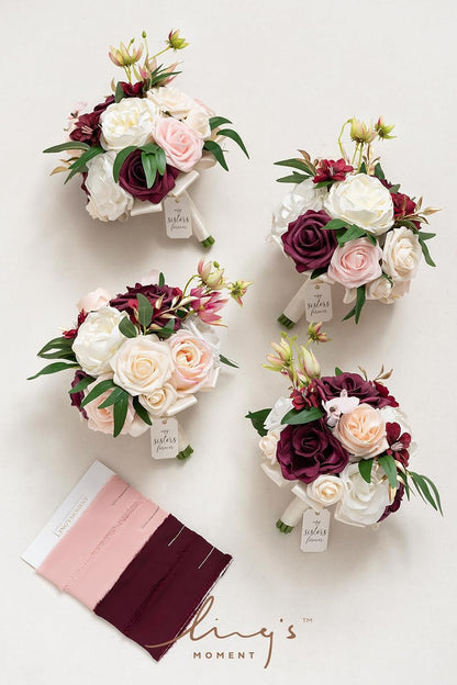 Ling's moment Artificial Flowers Marsala Red & Pink Bridesmaid Bouquet Set of 4, Wedding Flowers Bouquets for Bridesmaids, 7 Inch Bridal Bouquets for Bridesmaids, Wedding Decor, Ceremony, etc