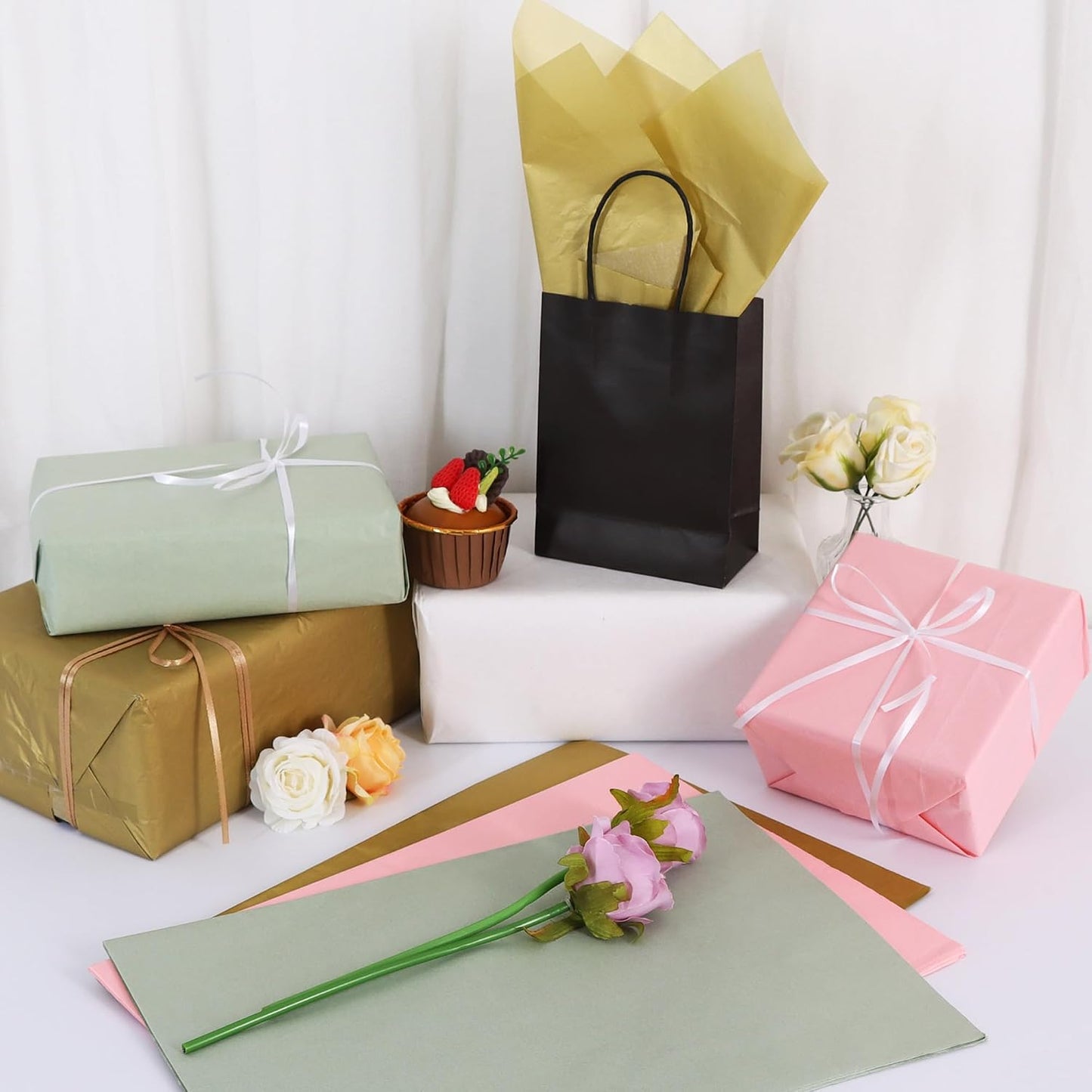 BEISHIDA 90 Sheets Sage Green Pink Gold Tissue Paper Bulk, Wrapping Tissue Paper for Gift Bags, 14 x 20 Inch Gift Wrap for Wedding Birthday Christmas Party DIY Crafts Decor Holiday Flowers