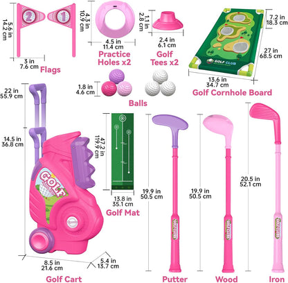 Liberry Toddler Golf Set for 2 3 4 Years Old Girls Boys, Upgraded Kids Golf Cart with Golf Cornhole Board & Putting Mat, Indoor and Outdoor Golf Toys Birthday Gift, Pink