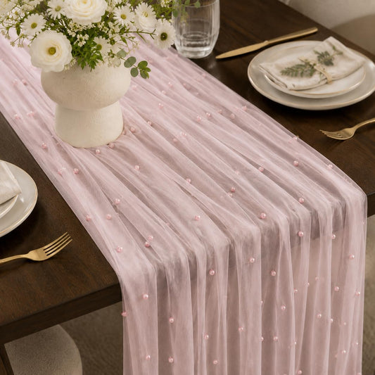Pink Pearl Table Runner 120 Inches Boho Rustic Tulle Lace Table Runner for Wedding Birthday Baby Shower Home Dining DIY Craft Decor