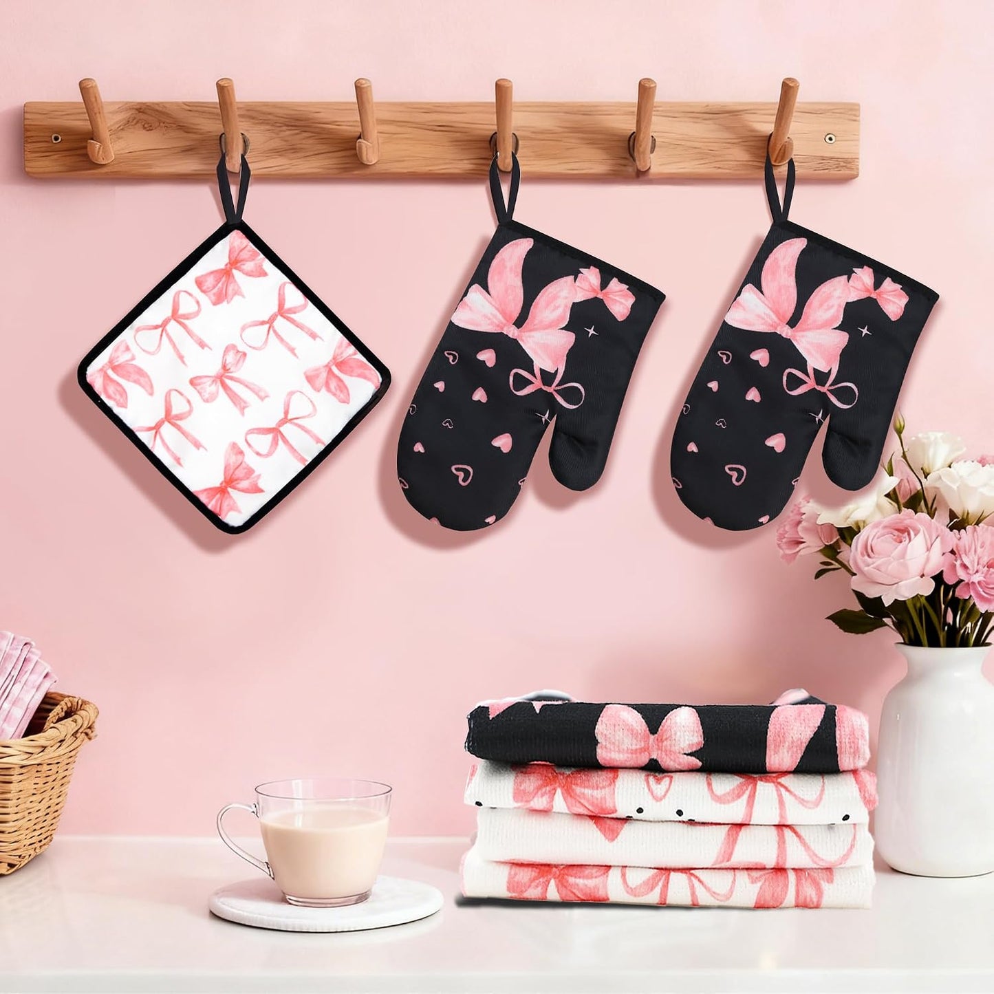 8 Pcs Cute Pink Bow Kitchen Towels and Dishcloths Sets Oven Mitts Pot Holders Set Mother's Day Absorbent Decor Accessories Gloves Potholders Heat Resistant for Chef Baking Cooking Home Gifts