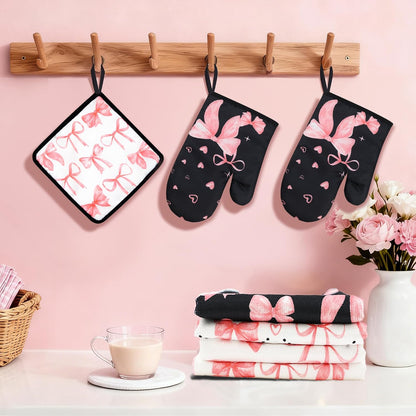8 Pcs Cute Pink Bow Kitchen Towels and Dishcloths Sets Oven Mitts Pot Holders Set Mother's Day Absorbent Decor Accessories Gloves Potholders Heat Resistant for Chef Baking Cooking Home Gifts