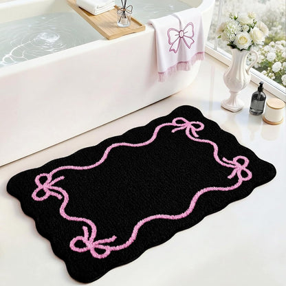 Mocsicka Pink Bow Bath Mat Cute Bow Bathroom Rug Super Soft Absorbent Black Pink Bathroom Rugs Non Slip Bath Mat Machine Washable Rug for Bathrooms 20x32 inches