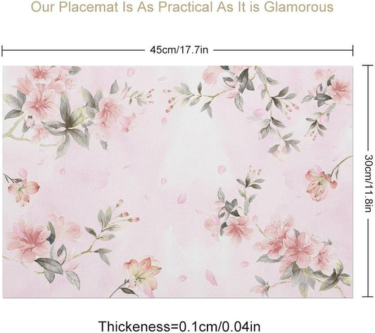 Spring Floral Placemats Set of 4, 12x18 Inch Seasonal Boho Cherry Blossom Pink Watercolor Flower Farmhouse Holiday Cafe Table Mats for Party Kitchen Dining Decoration