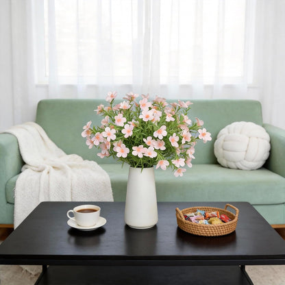 Artificial Pink Gypsophila Baby's Breath Flowers in Ceramic Vase, 6 Inch White Vase with Faux Cosmos Arrangement, Farmhouse Table Centerpiece for Home Office Shelf Desk Decor