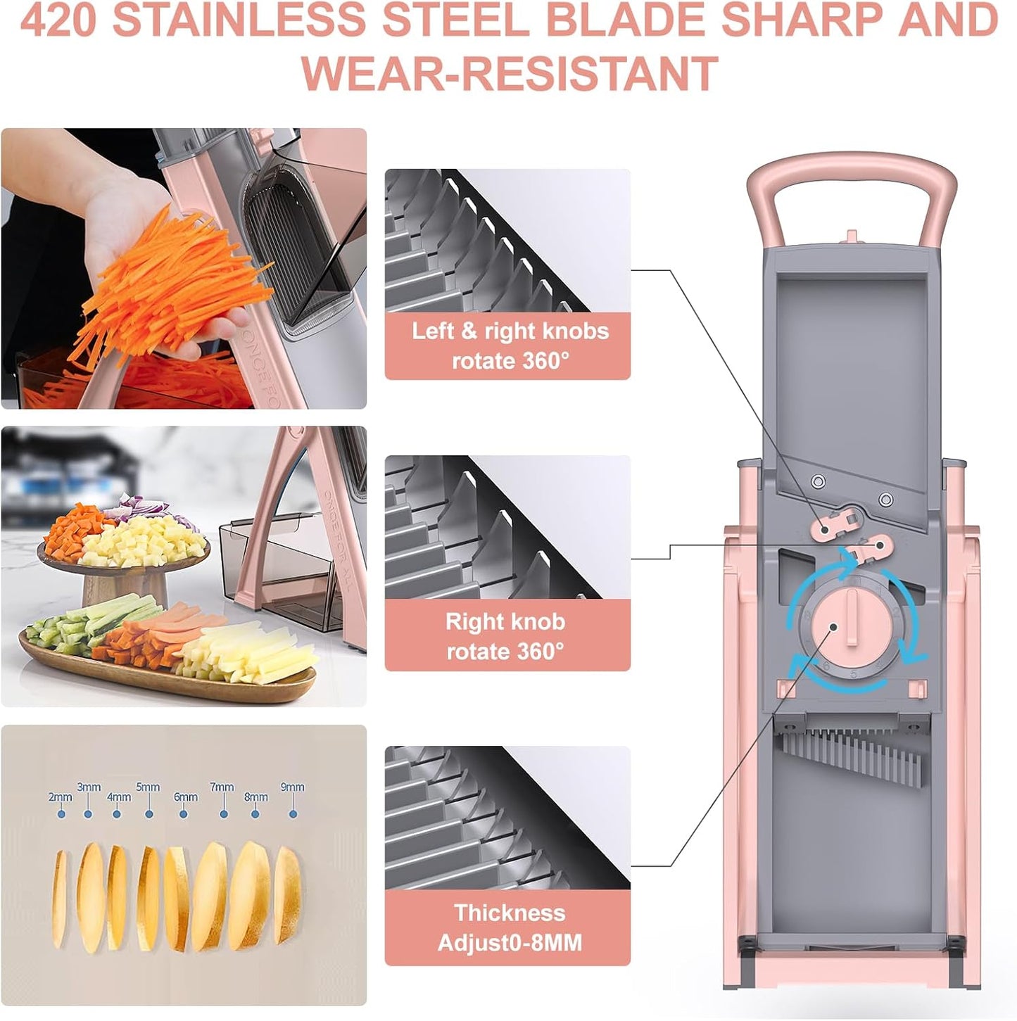 [All in 1] Upgraded Version Safe Mandoline Slicer for Kitchen, Adjustable Thickness. Veggie Slicer, Rapid Prep Mandoline, Detachable Blade, Cleaning Brush/Paring Knife (GrayPink)