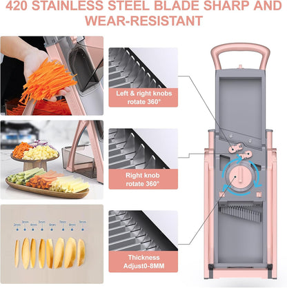 [All in 1] Upgraded Version Safe Mandoline Slicer for Kitchen, Adjustable Thickness. Veggie Slicer, Rapid Prep Mandoline, Detachable Blade, Cleaning Brush/Paring Knife (GrayPink)