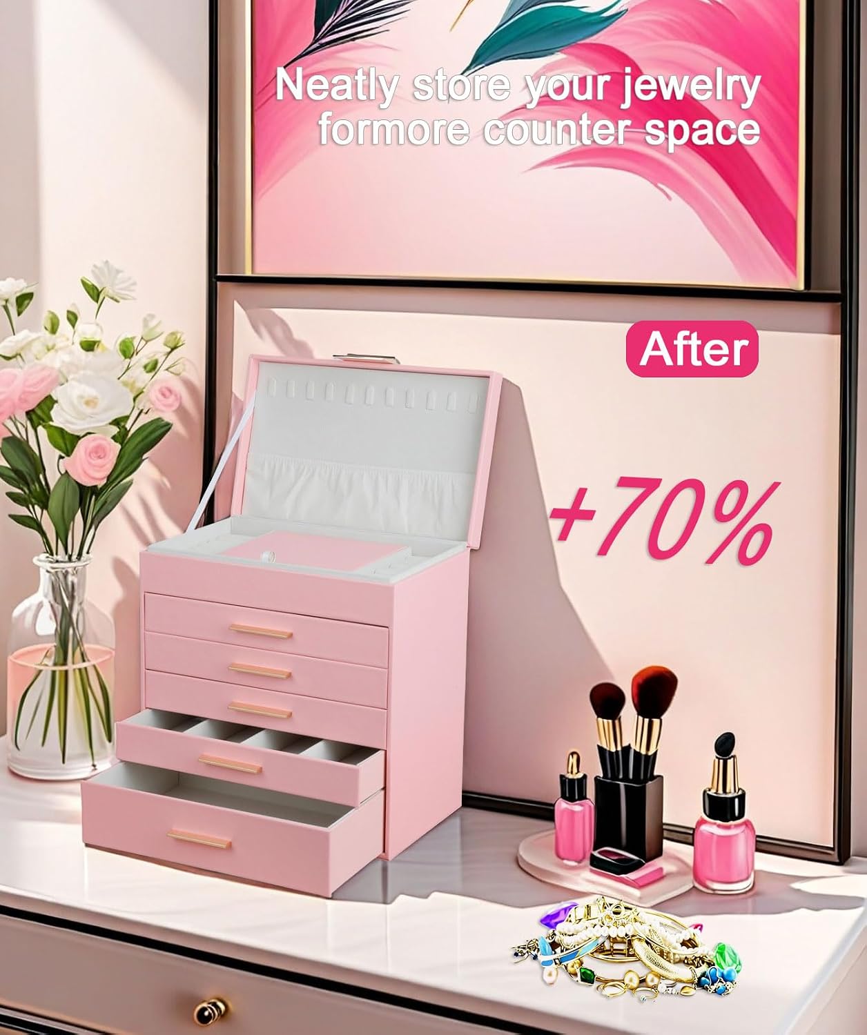 BOOVO Jewelry Boxes for Women, White and Black 6 Layer Large Jewelry Box for Necklace, Bracelet, Earrings, Rings Storage, Jewelry holder Organizer for Girls Gift (Pink, 6 layer)