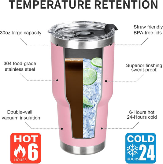 30 oz Tumbler with Lids and Straws Double Wall Vacuum Insulated Tumbler Cup,Stainless Steel Leak-proof Thermal Tumbler Travel Coffee Mug for Cold and Hot Drinks,Sakura Pink