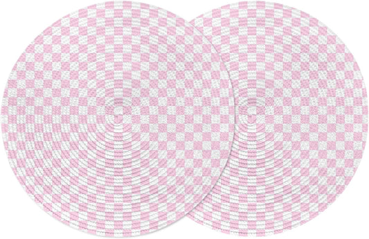 Rustic Pink Plaid Round Placemats Set of 2 Farmhouse Vintage Grid Checkerboard Place Mats Indoor Woven Table Mats Washable Heat-Resistance Braided Dining Table Placemats for Kitchen Decor 13 Inch