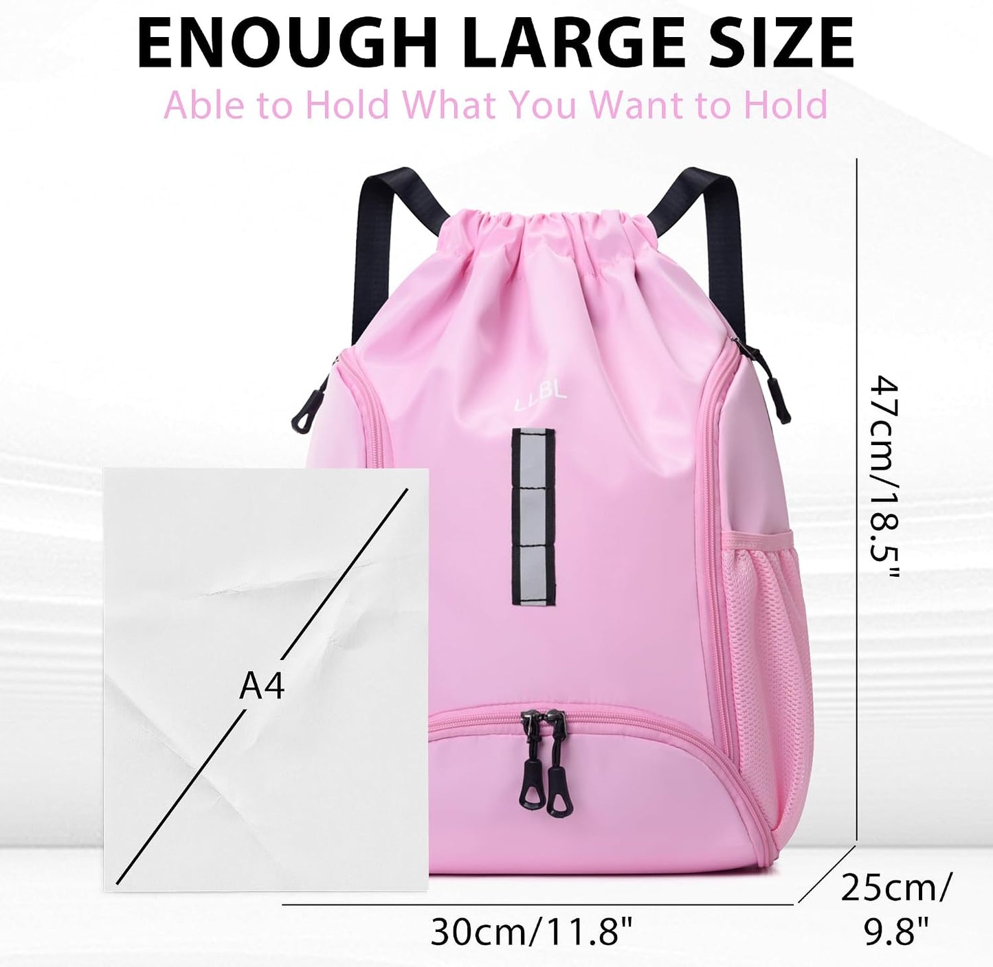 Drawstring Gym Backpack, Sports Bag with Adjustable Shoulder Straps, Cinch Sack for Fitness, Swimming, Travel (Pink)