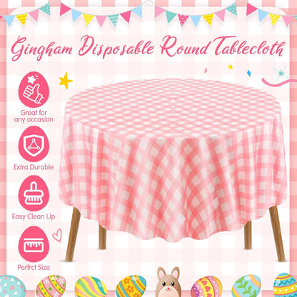 12 Pcs Pink Plastic Disposable Round Gingham Tablecloth, 84 in Checkered Buffalo Plaid Round Table Cloth Circle Table Cover, Heavy Duty, Easy to Clean for Baby Shower Wedding Bridal Birthday Party