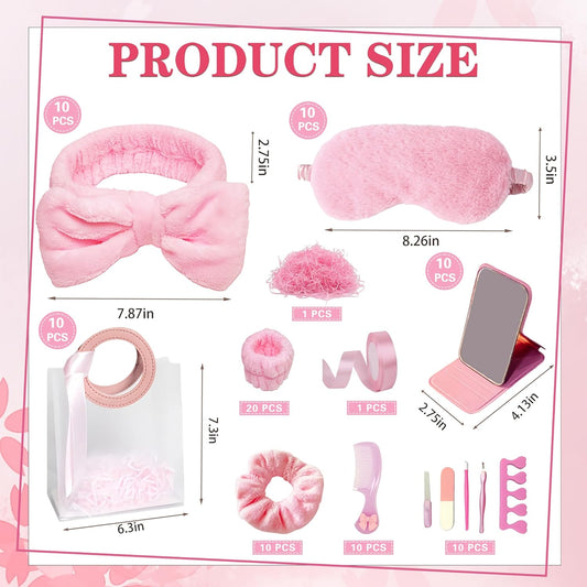92 Pcs Pink Spa Sleepover Party Supplies for Girls, Include Skincare Headband Set Scrunchie Eye Mask, Mirror Hair, Comb, Nail Care Gift Bags for Spa Slumber Birthday Party Favors Supplies