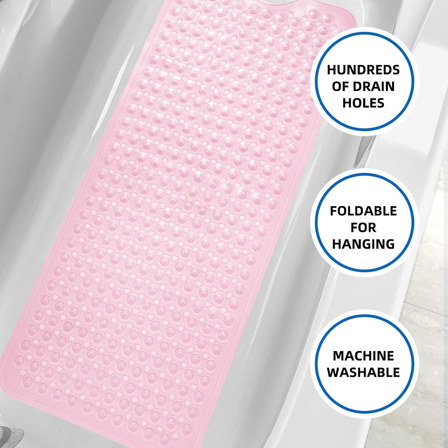 MOONFLY Shower and Bathtub Mat,40x16 Inches,Extra Long Non Slip Mats with Suction Cups and Drain Holes, Machine Washable and Anti Slip Bathmats, Bathroom Mats for Tub Nonslip (Clear Pink)