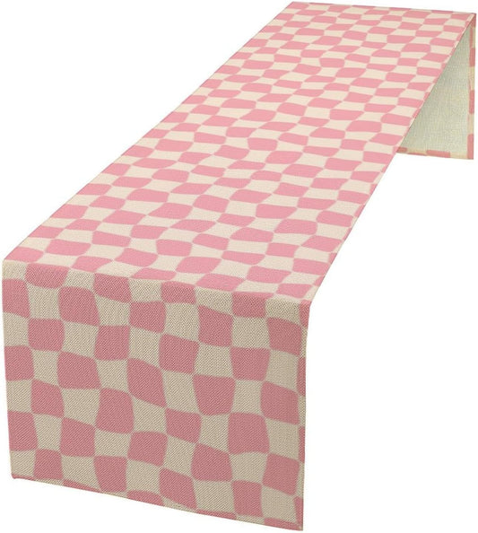 Boho Hippie Table Runner Groovy Pink Twisted Checkered Funky Modern Geometric Dinner Runner for Living Room Kitchen Party Holiday Dinner Home Decor 13x36in