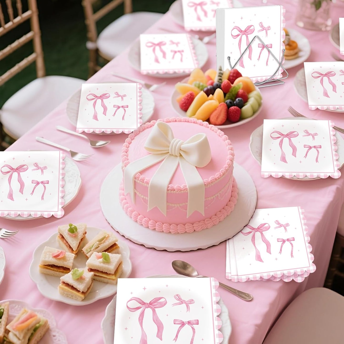 Pack of 50, Pink Ribbon Bow Napkins, Watercolor Bow Design Disposable Paper Napkins for Wedding, Birthday, Bachelorette, Baby Shower, Tea Party, Girls Coquette-Style Supplies, 13x13 Inches Unfolded