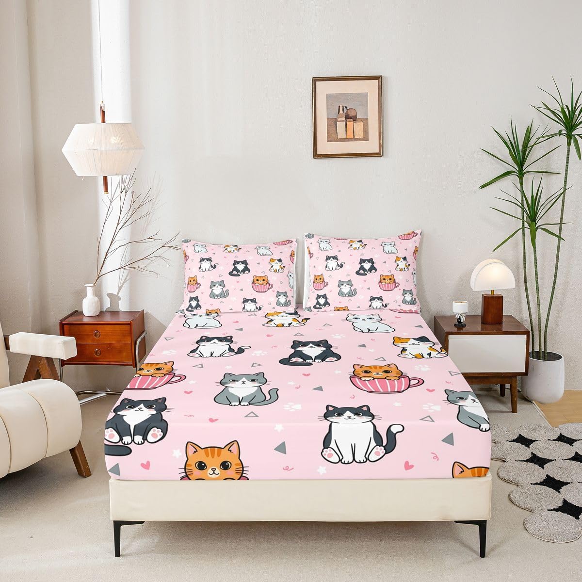 Manfei Cartoon Cute Cat Fitted Sheet Set Mug Kitten Paw Print Bedding Set for Kids Bedroom Heart Sweet Kawaii Bed Sheet Set 2pcs Deep Pocket Mattress Cover,No Top Flat Twin Peach Pink