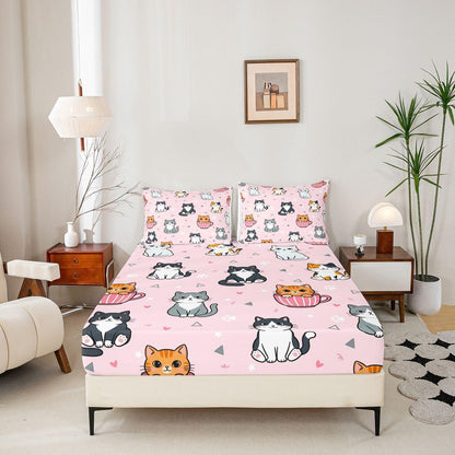 Manfei Cartoon Cute Cat Fitted Sheet Set Mug Kitten Paw Print Bedding Set for Kids Bedroom Heart Sweet Kawaii Bed Sheet Set 2pcs Deep Pocket Mattress Cover,No Top Flat Twin Peach Pink