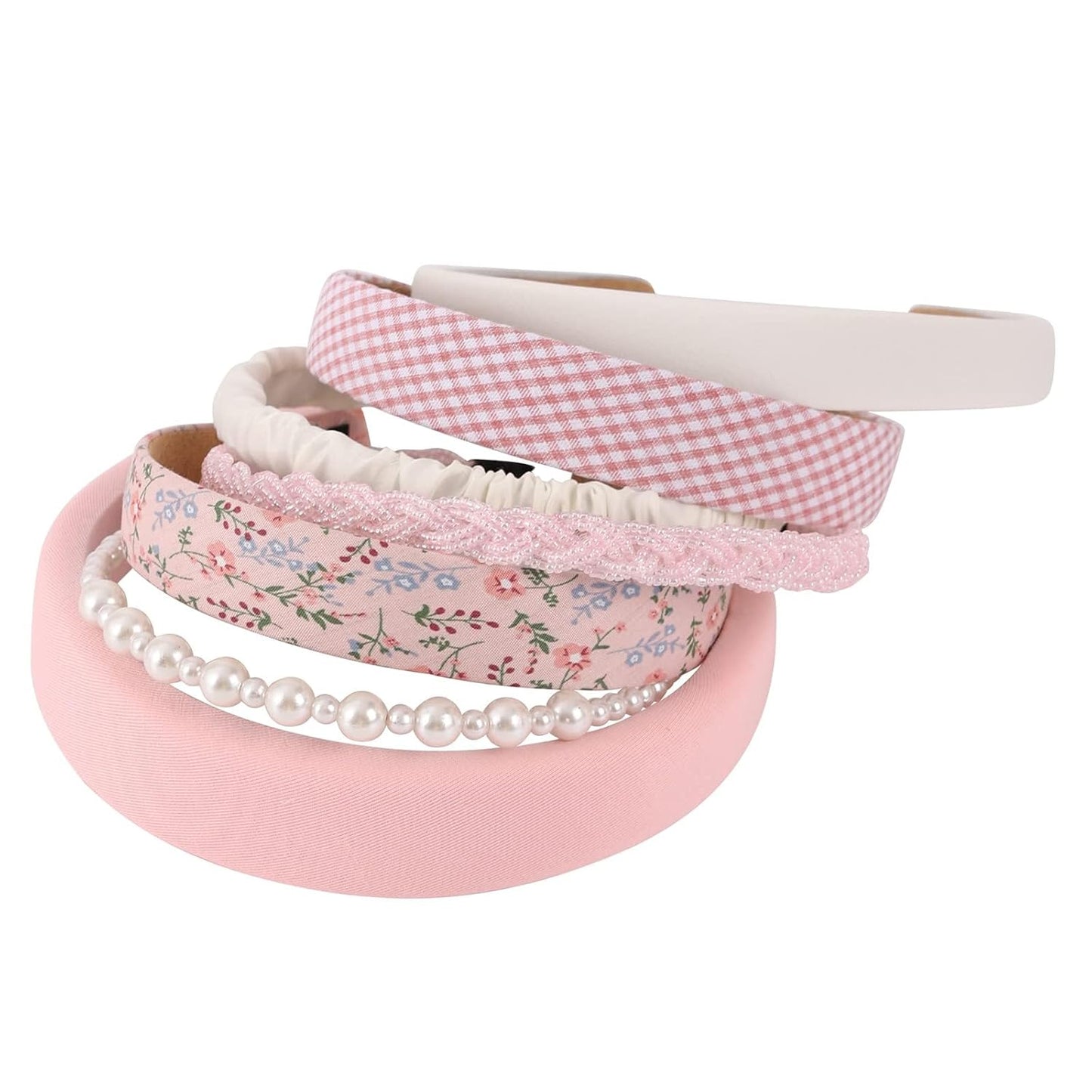 Women's Pearl Floral Padded Wide Bandana Headbands, Vintage Hair Accessories, Pink