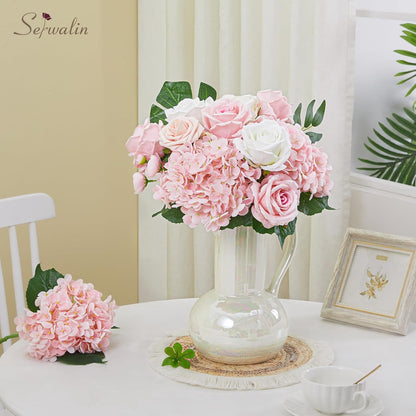 Serwalin 𝟱𝙋𝘾𝙎 3D Real Touch Hydrangea Artificial Flowers, 20in Lifelike Pink Latex Fake Hydrangea Flowers for Wedding Office Family Party Living Room Table Decoration (Pink)
