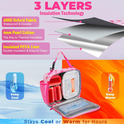 Kids Lunch Box Kids Lunch Bag for Girls Boys, Insulated Lunch Bag for Men with Shoulder Strap, Small Lunchbox for Girls School Travel Picnic (Pink, Strawberry)