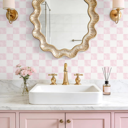 VEELIKE Soft Pink Checkered Peel and Stick Wallpaper 17.7''x118'' Pastel Blush Checkerboard Contact Paper for Cabinets Walls Removable Self Adhesive Girly Wallpaper for Bedroom Nursery Bathroom Vanity