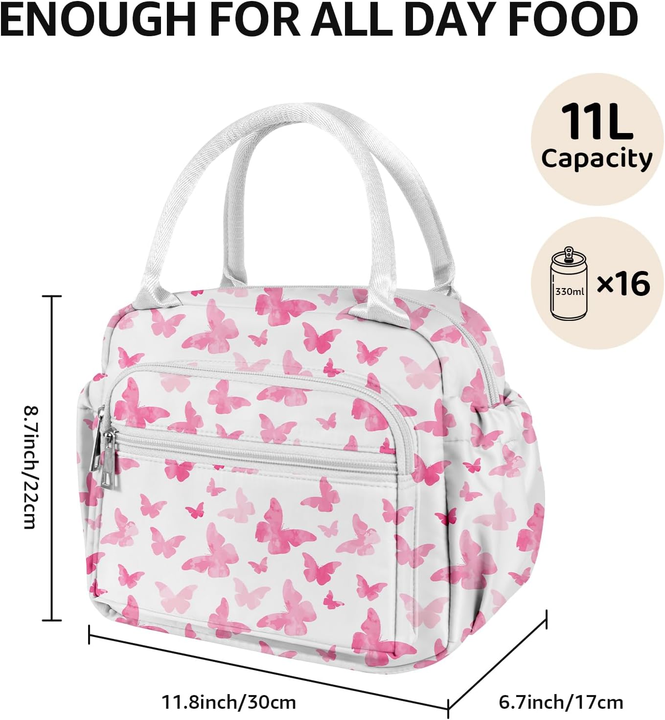 Lunch Bag Women Stylish Quilted Lunch Boxes for Adult Fit and Fresh Cooler Insulated Lunchbox for Work Cute Large 11 Liters Compact Lunchbag Waterproof (pink butterfly)