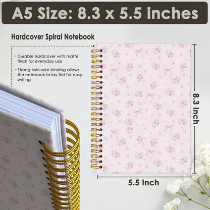 Wheatwin Pink Coquette Cute Notebook Journal for Women, Aesthetic Notebook for Teen Girls, Floral Pink Bow Spiral Notebook Journals for Women Work 5.5x8.3