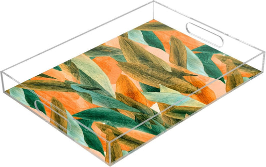 Watercolor Leaf Peach Serving Tray with Handles Decorative Ottoman Rectangle Acrylic Tray for Breakfast Dinner Party 16x12 Inch