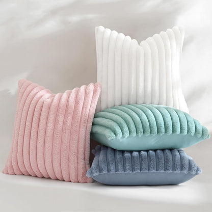 decorUhome Summer Cozy Faux Fur Throw Pillow Covers 18x18 Set of 2 Decorative Soft Plush Striped Modern Farmhouse Boho Couch Pillow Cases with Velvet Back for Sofa Bed Living Room, Pink