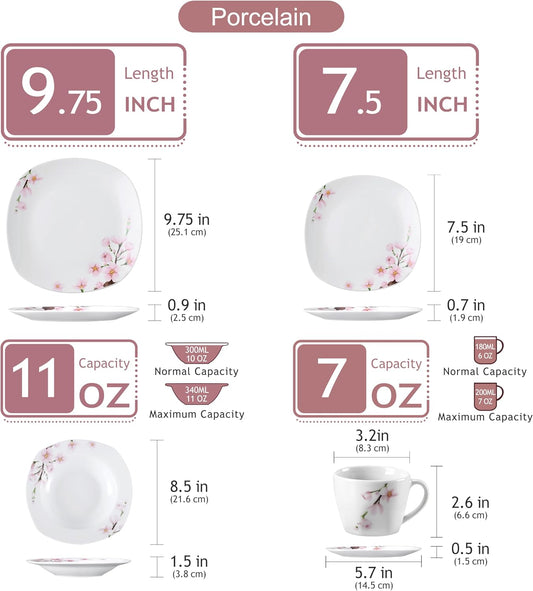 VEWEET Annie Porcelain Dinnerware for 6, 30-Piece Pink Floral Dish Set With Plates and Bowls Including Dinner, Dessert, Soup, Cups & Saucers