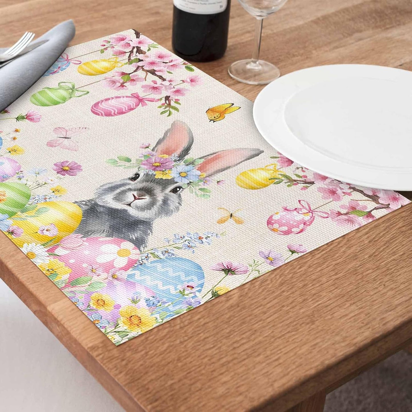 Easter Rabbits Placemats Set of 4, Washable PVC Kitchen Table Mats Place Mats, Weeping Pink Peach Eggs Vintage Beige Spring Woven Vinyl Placemat for Dining Table, 13" x 19"