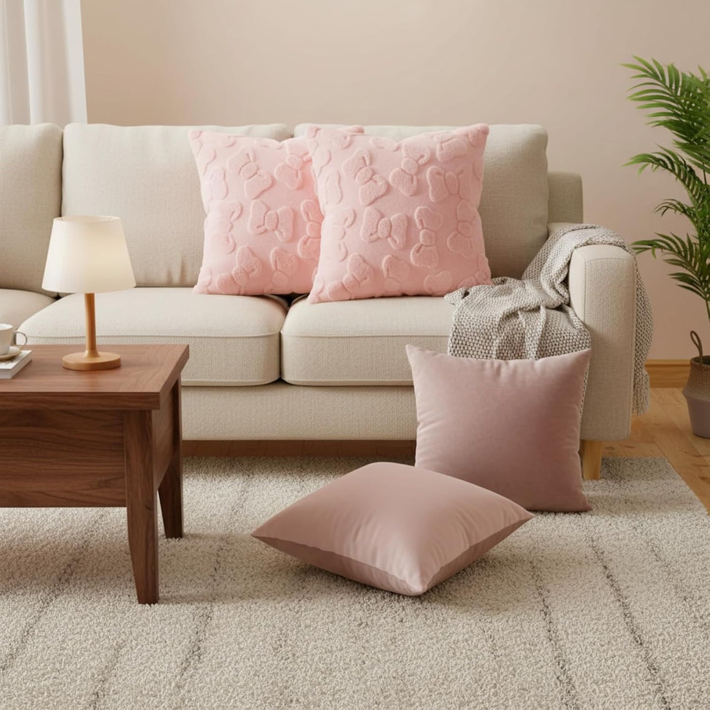 Tiamon 4 Pack Pink Bow Throw Pillow Covers 18 x 18 in Cute Velvet Bow Embroidered Cushion Cover Faux Fur Coquette Preppy Room Decor for Home Room Bedroom Sofa Couch Aesthetic Decorative Pillowcase
