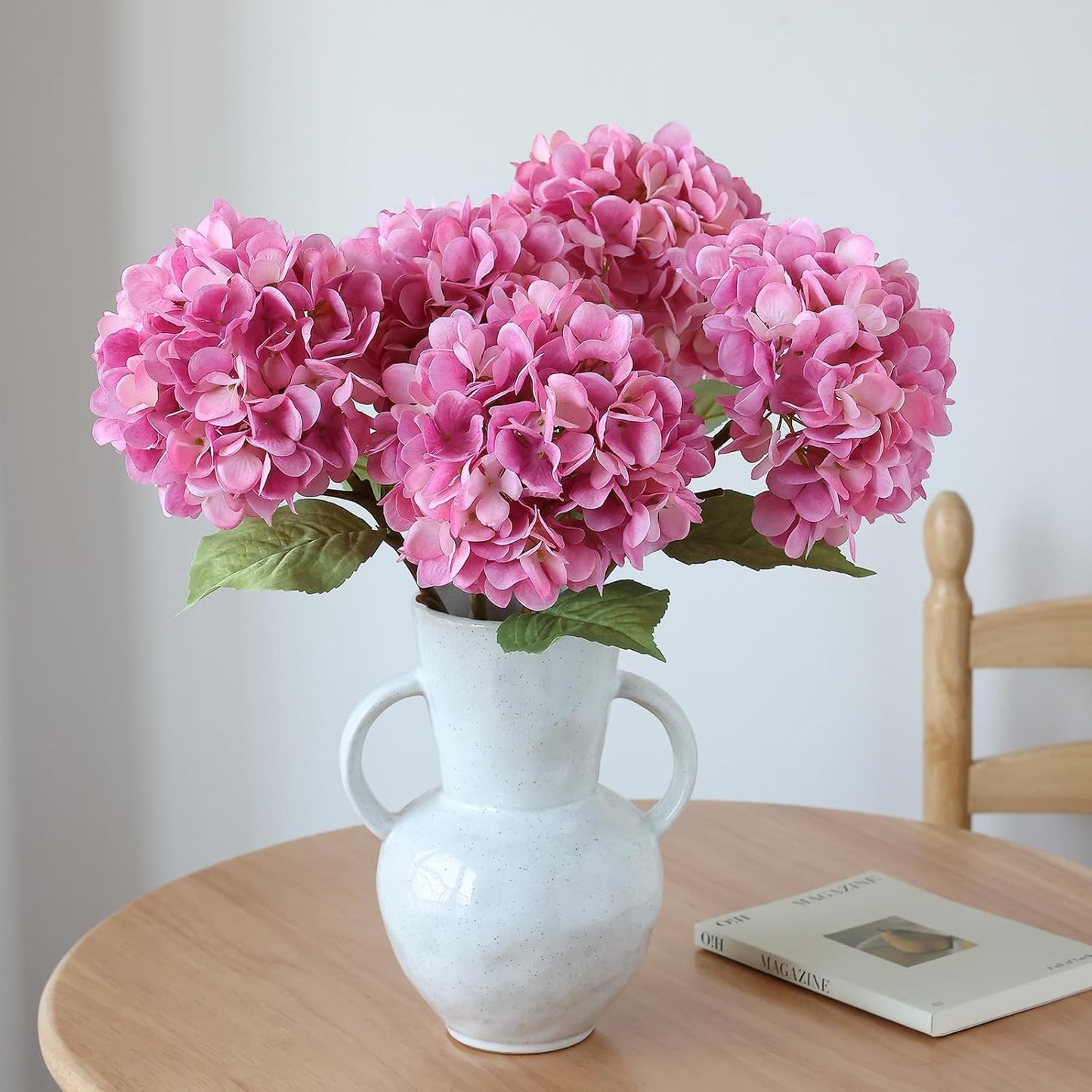 mizii 4Pcs Pink Artificial Hydrangea Flowers Large Fake Silk Hydrangea Flower with Leaves Stems Realistic Faux Hydrangeas Decorations for Wedding Table Centerpieces Vase Home Decor (Pink)