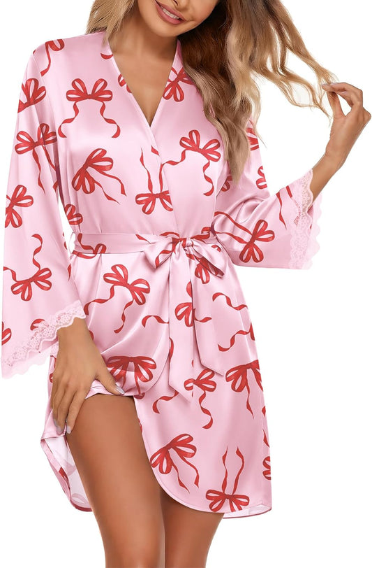 Ekouaer Silk Robe for Women Short Satin Robe 3/4 Sleeves Lace Trim Kimono Bathrobe Sexy Bride Bridsmaid Sleepwear with Pocket