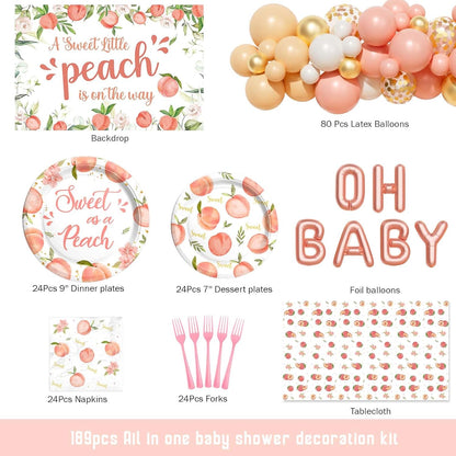 Costova Peach Baby Shower Decorations, A Sweet Little Peach Is on The Way Party Supplies, Peach Themed Backdrop Balloon Tablecloth Tableware with Plates Napkins Forks for Sweet as a Peach Girls