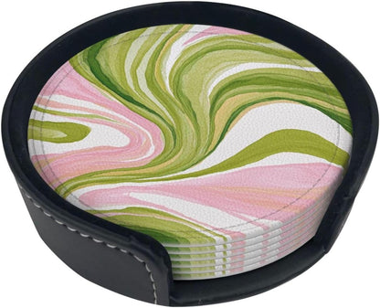 Watercolor Light Pink Green Swirl Marble Premium Leather Coasters, Set of 6 with Holder, Stylish Beverage Coasters for Kitchen Coffee Bar