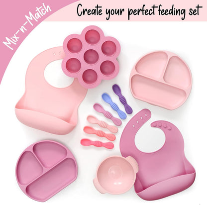 PrimaStella Unbreakable Silicone Non-Slip Bowl and Chew Spoon Set for Babies and Toddlers (Pink)