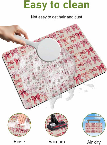 Pink Bow Doormat Bath Mat Quick Dry Non Slip Rug with Rubber Romantic Rose Beige Linen Retro Water Absorbing Mat for Bathroom Kitchen Front Door Laundry Room 32" x 20"