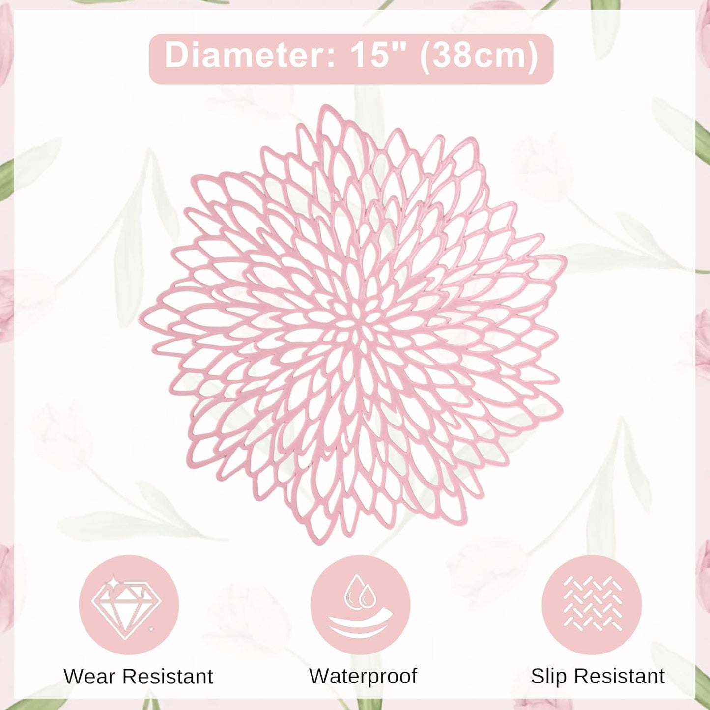 Snowkingdom Pink Placemats Set of 8, Round Vinyl Pink Flower Place Mats 15 Inch Fancy Dinning Floral Table Mats for Wedding Birthday Baby Shower Easter Halloween Christmas Holiday Party Decoration