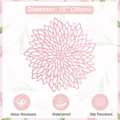 Snowkingdom Pink Placemats Set of 8, Round Vinyl Pink Flower Place Mats 15 Inch Fancy Dinning Floral Table Mats for Wedding Birthday Baby Shower Easter Halloween Christmas Holiday Party Decoration