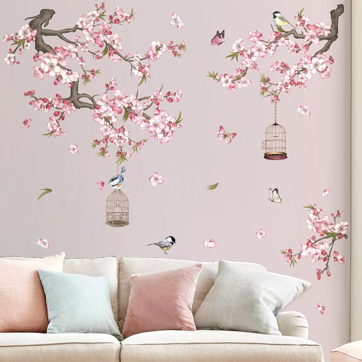 wondever Cherry Blossom Wall Stickers Pink Flowers Tree Branch Peel and Stick Wall Art Decals for Baby Nursery Bedroom