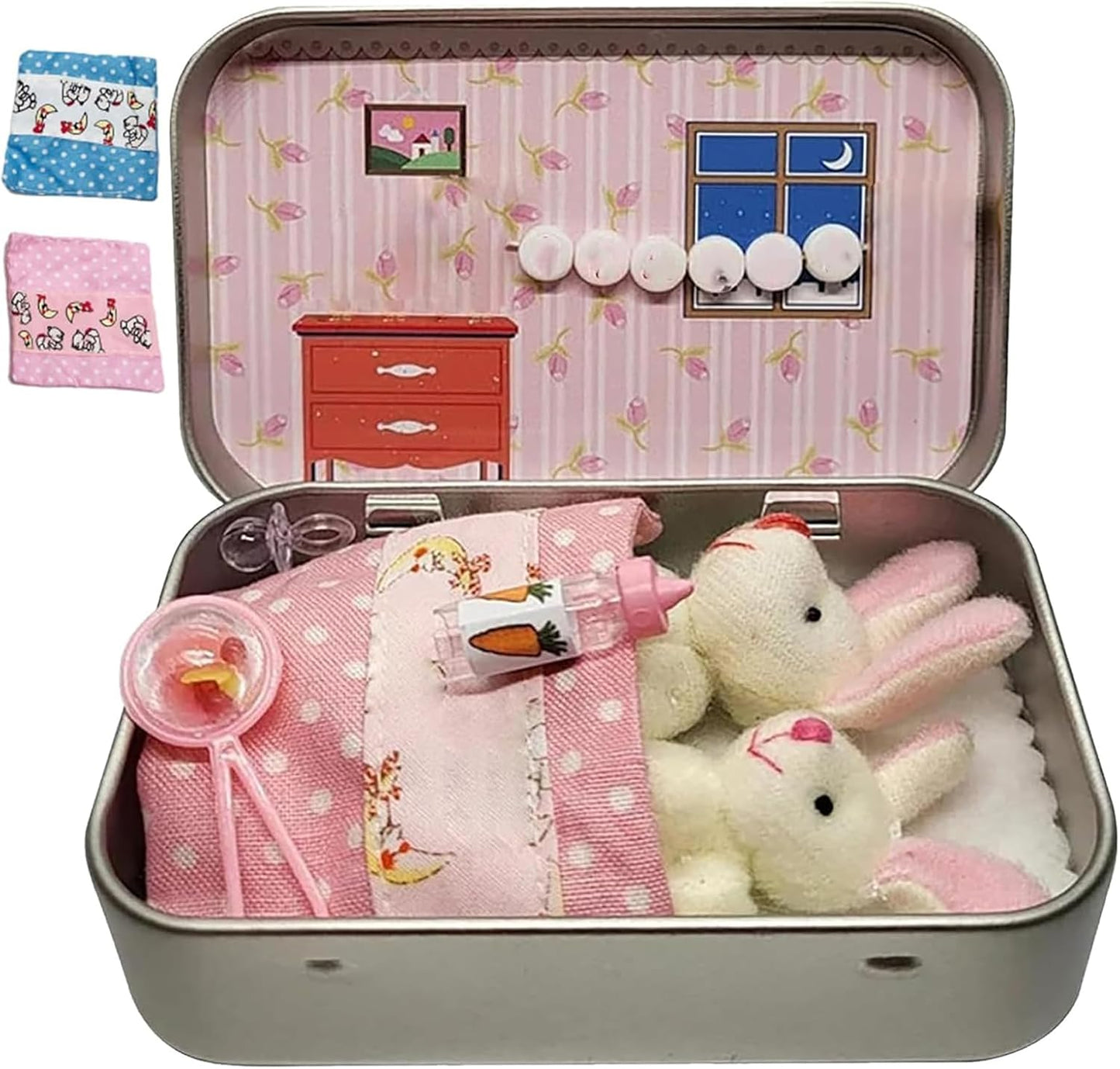Plush Bunny Mini Pocket Tin, Little Pocket Bunny, Pocket Bunnies Easter Basket Stuffer, DIY Pet Bunny Adoption, Easter Gifts, Easter Basket Decorations (Pink)