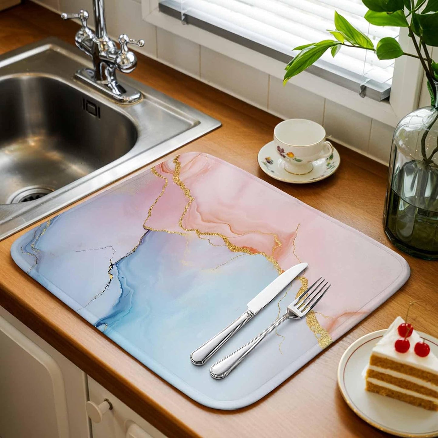 Dish Drying Mat Blue Pink Marble Kitchen Counter Drying Pad for Dishes Glasses Cups and Cookware Modern Abstract Art Absorbent Dish Drying Mat Machine Washable Kitchen Accessories 18" x 24"